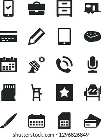 Solid Black Vector Icon Set - tassel vector, desktop microphone, calendar, bank card, a chair for feeding child, concrete mixer, nightstand, phone call, piece of meat, big solar panel, SIM, pencil