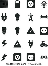 Solid Black Vector Icon Set - lightning vector, danger of electricity, bulb, power socket type b, f, charge level, light, line, plug, electric, car, processor, resistor