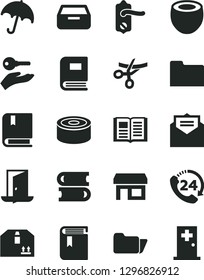 Solid Black Vector Icon Set - book vector, e, books, door knob, received letter, umbrella, drawer, cardboard box, 24, canned goods, half of coconut, stall, folder, arm with key, exit, grand opening