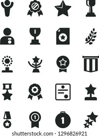 Solid Black Vector Icon Set - star vector, medal, patente, winner, laurel branch, award, cup, gold, reward, man with, first place, pennant, hero, certificate, flag, three stars
