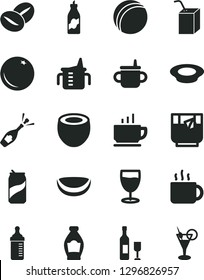 Solid Black Vector Icon Set - mug for feeding vector, measuring cup, bottle, bath ball, packing of juice with a straw, coffee, plate milk, beans, tea, glass, soda can, orange, liquor, piece coconut