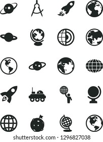 Solid Black Vector Icon Set - sign of the planet vector, globe, earth, scribed compasses, space rocket, core, saturn, lunar rover, man hold world, flag on moon