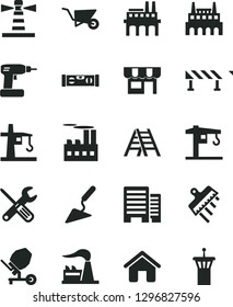 Solid Black Vector Icon Set - crane vector, house, building trolley, trowel, concrete mixer, small tools, cordless drill, ladder, level, buildings, spatula, road fence, kiosk, factory, industrial