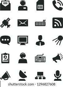Solid Black Vector Icon Set - monitor window vector, envelope, keyboard, horn, rss feed, employee, received letter, operator, artificial satellite, antenna, SIM card, statistical overview, scheme