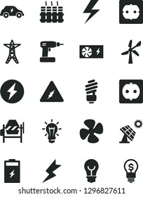 Solid Black Vector Icon Set - lightning vector, concrete mixer, cordless drill, saving light bulb, power socket type f, radiator, fan screw, charging battery, big solar panel, wind energy, line