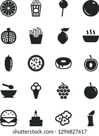 Solid Black Vector Icon Set - deep plate with a spoon vector, pizza, big burger, birthday cake, hole, hot porridge, Chupa Chups, French fries, popcorn, cup of, cone, orange, half pomegranate, quince