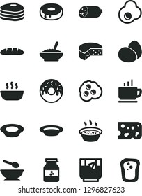 Solid Black Vector Icon Set - deep plate with a spoon vector, coffee, sausage, piece of cheese, eggs, loaf, cake hole, glazed, bowl buckwheat porridge, in saucepan, hot, milk, glass tea, fried egg