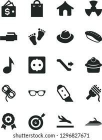 Solid Black Vector Icon Set - hat vector, footprints, hawser, knife, spaghetti, muffin, japanese sushi, power socket, radiation, bag, lan connector, note, glasses, medal, target, wallet, escalator