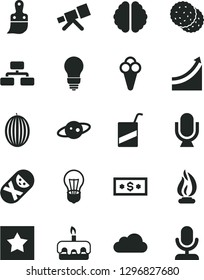 Solid Black Vector Icon Set - tumbler vector, e, plastic brush, bulb, microphone, flowchart, torte, cone, biscuit, melon, cloud, telescope, brain, flame, saturn, growth graph, star, dollar