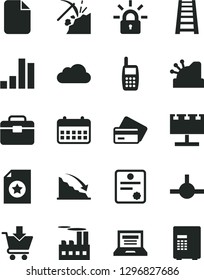 Solid Black Vector Icon Set - laptop vector, stepladder, portfolio, put in cart, coal mining, industrial building, billboard with illumination, bar chart, recession, calendar, mobile phone, cashbox