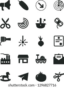 Solid Black Vector Icon Set - scissors vector, paper airplane, small rocking horse, hawser, received letter, megaphone, right bottom arrow, noodles, cucumber, tomato, beet, industrial building