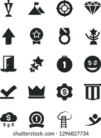 Solid Black Vector Icon Set - upward direction vector, star cup, mountain flag, pennant, first place medal, ribbon, diamond, gold ring, aim, exit door, vote check, money rain, dollar gear, eyes