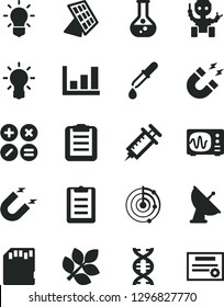 Solid Black Vector Icon Set - math actions vector, flask, magnet, sd card, dna, bulb, pipette, oscilloscope, clipboard, growth graph, radar, robot, sun panel, satellite antenna, biology, syringe