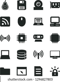 Solid Black Vector Icon Set - laptop vector, rss feed, screen, big data, part of guava, computer, notebook pc, mouse, cpu, card, web camera, browser, folder, floppy, wireless, file, encrypting