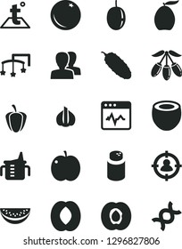Solid Black Vector Icon Set - women vector, toys over the cot, measuring cup for feeding, powder, temperature, cardiogram, cucumber, orange, apple, half apricot, loquat, goji berry, peach, garlic