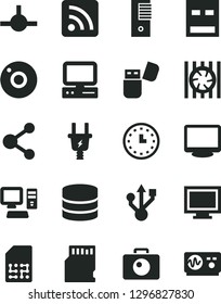 Solid Black Vector Icon Set - camera vector, monitor window, rss feed, electric plug, SIM, connection, wall watch, computer, radiator fan, pc tower, usb, flash, connect, sd card, big data