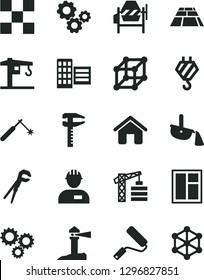 Solid Black Vector Icon Set - crane vector, tower, house, workman, hook, concrete mixer, window, adjustable wrench, new roller, city block, tile, paving slab, welding, calipers, steel production