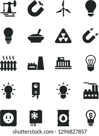 Solid Black Vector Icon Set - matte light bulb vector, power socket type b, boiler, a bowl of buckwheat porridge, working oil derrick, windmill, hydroelectric station, industrial building, magnet