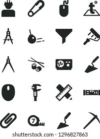 Solid Black Vector Icon Set - safety pin vector, trowel, building, long meashuring tape, paint roller, level, writing accessories, temperature, core, clip, Chinese chopsticks, builder, caliper