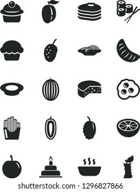 Solid Black Vector Icon Set - birthday cake vector, cheese, slices of onion, muffin, hot porridge, a plate milk, fried potato, sushi set, omelette, pancakes, mulberry, tasty, melon, slice tangerine