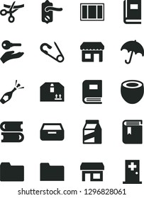 Solid Black Vector Icon Set - folder vector, book, open pin, books, window frame, door knob, umbrella, drawer, cardboard box, package, half of coconut, kiosk, stall, arm with key, grand opening