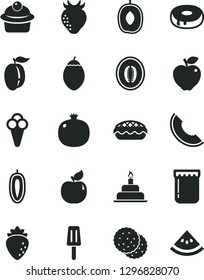 Solid Black Vector Icon Set - birthday cake vector, muffin, with a hole, apple pie, popsicle, cone, jam, biscuit, pomegranate, apricot, red, raspberry, strawberry, slice of melon, delicious plum
