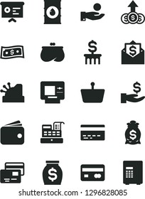 Solid Black Vector Icon Set - bank card vector, cards, oil, shopping basket, reverse side of a, get wage, catch coin, wallet, purse, money, cash machine, cashbox, financial report, bag, growth, mail