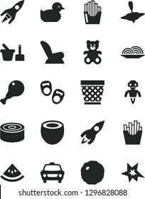 Solid Black Vector Icon Set - wicker pot vector, car child seat, baby duckling, toy sand set, teddy bear, small yule, shoes for little children, canned goods, onion, chicken leg, cabbage, rocket