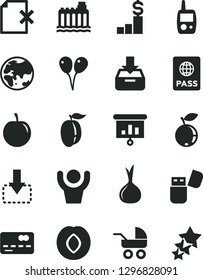 Solid Black Vector Icon Set - baby carriage vector, toy mobile phone, colored air balloons, passport, put in a box, delete page, move down, plum, blueberry, ripe, tasty, onion, planet, presentation