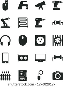 Solid Black Vector Icon Set - cordless drill vector, plummet, heating coil, faucet mixer, headphones, screen, smartphone, socket, assembly robot, cast iron radiator, fan, mouse, motherboard, camera