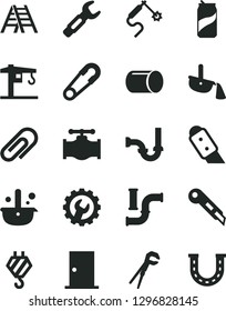 Solid Black Vector Icon Set - clip vector, safety pin, crane, hook, adjustable wrench, ladder, sewerage, ntrance door, gear, knife, stationery, soda can, valve, water pipes, pipe, gas welding, luck