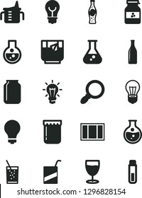Solid Black Vector Icon Set - matte light bulb vector, measuring cup for feeding, e, window frame, a glass of soda, tea, bottle, jam, jar, round flask, magnifier, test tube