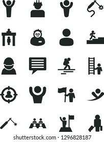 Solid Black Vector Icon Set - image of thought vector, racer, builder, welding, gas, man, in sight, conversation, scientist, winner, carrer stairway, hands up, with flag, hold, ladder, flying