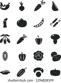 Solid Black Vector Icon Set - slices of onion vector, mushroom, meat on skewers, tomato, chili, beet, garlic, carrot, squash, goji berry, sweet date fruit, apple stub, Bell pepper, ripe, potato