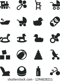 Solid Black Vector Icon Set - dummy vector, feeding bottle, baby bib, rattle, car child seat, stroller, carriage, summer, rubber duck, duckling, bath ball, children's bathroom, stacking toy, tumbler