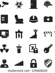 Solid Black Vector Icon Set - Baby chair vector, bag of a paramedic, workman, key, ntrance door, construction helmet, road fence, lock, encrypting, nuclear, biohazard, stairway, winner, atm, safe