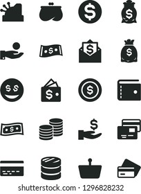 Solid Black Vector Icon Set - bank card vector, purse, cards, coins, shopping basket, column of, dollar, get a wage, catch coin, dollars, cashbox, money bag, wallet, eyes, mail, credit
