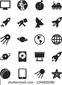 Solid Black Vector Icon Set - monitor vector, bath ball, earth, artificial satellite, planet, billboard, rocket, space, tablet pc, hdd, telescope, antenna, saturn, lunar rover, flag on moon, first