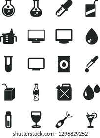 Solid Black Vector Icon Set - measuring cup for feeding vector, e, packing of juice with a straw, drop, screen, glass, bottle soda, round flask, oil, canister, monitor, test tube, pipette, champagne