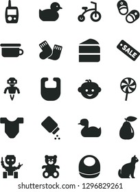 Solid Black Vector Icon Set - baby powder vector, bib, Child T shirt, rubber duck, duckling, warm socks, toy mobile phone, children's potty, teddy bear, hairdo, bicycle, shoes, piece of cake, pear