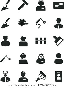 Solid Black Vector Icon Set - workman vector, trowel, building, paint roller, ceramic tiles, helmet, putty knife, hammer, employee, pass card, operator, builder, welding, gas, woman, man, scientist