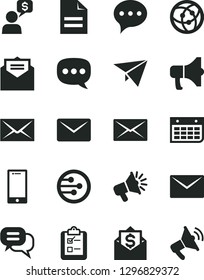 Solid Black Vector Icon Set - envelope vector, scribbled paper, received letter, speech, smartphone, survey, megaphone, loudspeaker, wall calendar, network, mail, dialog, plane, money