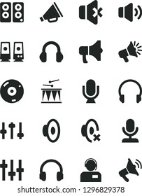 Solid Black Vector Icon Set - horn vector, loudspeaker, silent mode, drumroll, headphones, microphone, volume, no sound, operator, megaphone, cd, pc speaker, settings