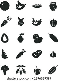 Solid Black Vector Icon Set - stick of sausage vector, slices onion, cabbage, cucumber, chili, garlic, carrot, coffee beans, quince, blackberry, goji berry, Bell pepper, ripe, hot, potato, beet
