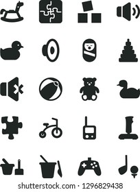 Solid Black Vector Icon Set - loudspeaker vector, rubber duck, baby duckling, bath ball, stacking toy, roly poly doll, phone, sand set, children's, small teddy bear, rocking horse, child bicycle