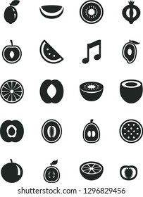 Solid Black Vector Icon Set - music vector, orange slice, half apricot, of medlar, mango, peach, melon, tangerine, loquat, cherry, kiwi, passion fruit, sour lime, guawa, piece coconut, grapefruit