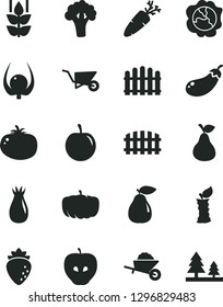 Solid Black Vector Icon Set - garden trolley vector, building, fence, hedge, tomato, carrot, pear, mint, squash, tasty apple, raspberry, rose hip, plum, physalis, stub, broccoli, eggplant, pumpkin