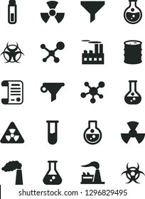 Solid Black Vector Icon Set - round flask vector, manufacture, factory, barrel, industrial building, radiation, filter, water, research article, test tube, molecule, nuclear, biohazard