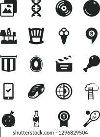Solid Black Vector Icon Set - movie cracker vector, cradle, picture, CD, chicken leg, sushi, bottle of soda, cone, orange, delicious plum, commercial seaport, dna, earth core, flag on moon, tennis