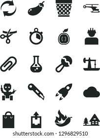Solid Black Vector Icon Set - clip vector, wicker pot, renewal, upload archive data, beanbag, stationery knife, half of guawa, hot pepper, eggplant, oil derrick, flask, builder, bag, cloud, robot
